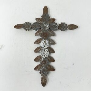 Rustic Distressed Metal Flower Leaf Wall Cross Religious Home Decor 11.5x8.5